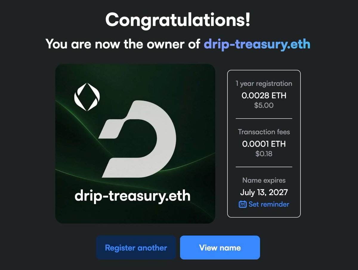MoriCapital's tweet photo. Just acquired drip-treasury.eth.

All tokenized $HOOD (HOODX) purchased through $DRIP fees will be held in this wallet.

Holders can track every buy and distribution onchain. https://t.co/9vP8pbxZx8