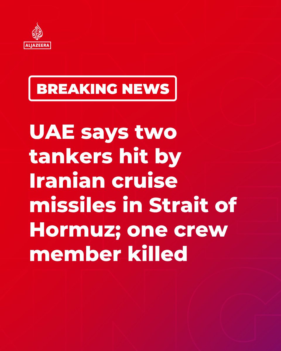 AJENews's tweet photo. BREAKING: The UAE says two Emirati oil tankers were hit by Iranian missiles in the Strait of Hormuz.

The UAE condemned the “blatant attack” and said it reserves the right to respond and take measures to protect its territory.

🔴 More on https://t.co/5H0QqpggO4 https://t.co/lylDjygsOl