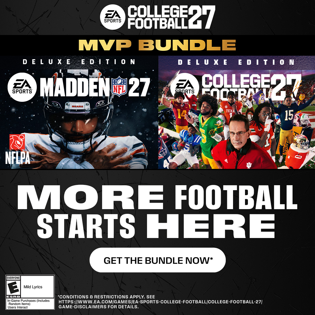 EASPORTSCollege's tweet photo. Buy the EA SPORTS™ MVP Bundle to make your rise across the College Football 27 and Madden NFL 27 Deluxe Editions. Get on the field first with 3-Day Early Access in both games plus rewards in Ultimate Team and beyond.