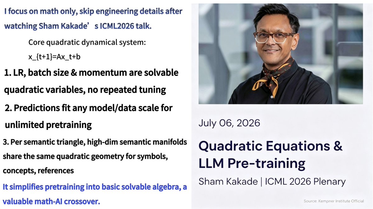 linglin66043122's tweet photo. Quadratic Equations Uncover the Fundamental Mathematical Logic of LLMs
 
Based on my limited understanding, I only extracted the mathematical framework from this talk for reference.
 
@ShamKakade6
#ICML2026 #LLMTheory #MathAI https://t.co/tlmIIGaia8