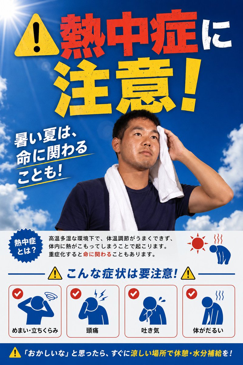 koji_ysenpai's tweet photo. 本格的に暑くなってきましたねぇ
熱中症に十分注意しましょう

「自分は大丈夫」と思っている人が一番危ないゾ

熱中症の主な症状
・めまい
・頭痛
・吐き気
・だるさ

脱水症状のサイン
・口の渇き
・尿の色が濃い
・強い疲労感

暑い日は無理をせず、こまめな水分補給と適度な休憩を心がけよう！
高齢者や子どもは熱中症に気付きにくいこともあります。周りの人の様子にも気を配り、みんなでこの夏を元気に乗り切りたいっすねぇ
