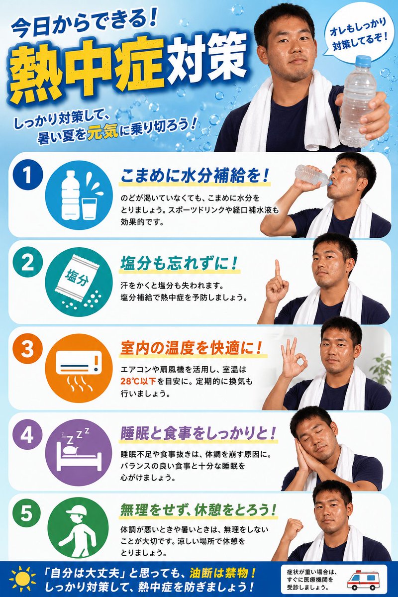 koji_ysenpai's tweet photo. 本格的に暑くなってきましたねぇ
熱中症に十分注意しましょう

「自分は大丈夫」と思っている人が一番危ないゾ

熱中症の主な症状
・めまい
・頭痛
・吐き気
・だるさ

脱水症状のサイン
・口の渇き
・尿の色が濃い
・強い疲労感

暑い日は無理をせず、こまめな水分補給と適度な休憩を心がけよう！
高齢者や子どもは熱中症に気付きにくいこともあります。周りの人の様子にも気を配り、みんなでこの夏を元気に乗り切りたいっすねぇ