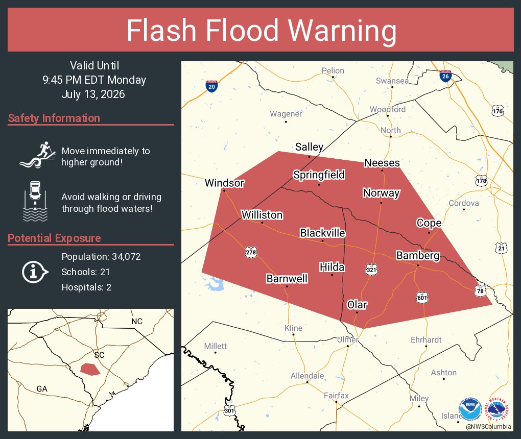 NWSColumbia's tweet photo. Flash Flood Warning including Barnwell SC, Bamberg SC and  Denmark SC until 9:45 PM EDT https://t.co/QNxWvn5BDD