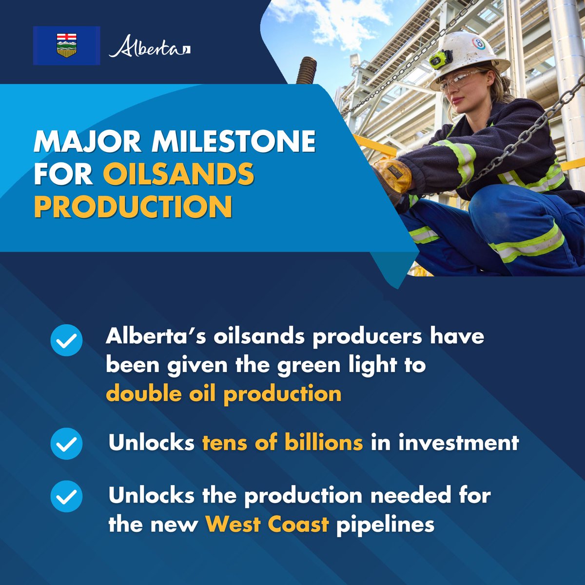 ABDanielleSmith's tweet photo. Another major milestone in our plan to double Alberta’s oil production.

Today, Alberta, Canada, and the Oil Sands Alliance (Alberta’s 5 largest oil producers) signed a landmark agreement that clears the way for tens of billions in investment in new oilsands production and CCS projects as well as tens of thousands of jobs.

We made a commitment to get Alberta building again, remove barriers to investment, and double our energy production. Today is another major step toward delivering on that promise.