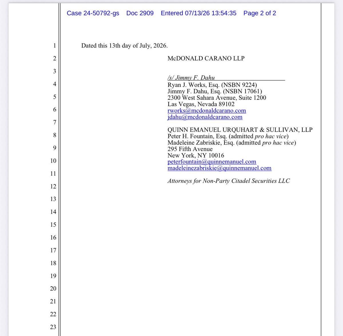 kimkep4796's tweet photo. MMAT | July 13, 2026 | Doc. 2909

No significant filing. Citadel Securities filed a routine Notice of Disassociation of Counsel, advising the Court that one attorney has left Quinn Emanuel and should be removed from the service list. Citadel’s legal representation in the bankruptcy case otherwise remains unchanged. 

⚠️Not legal advice.