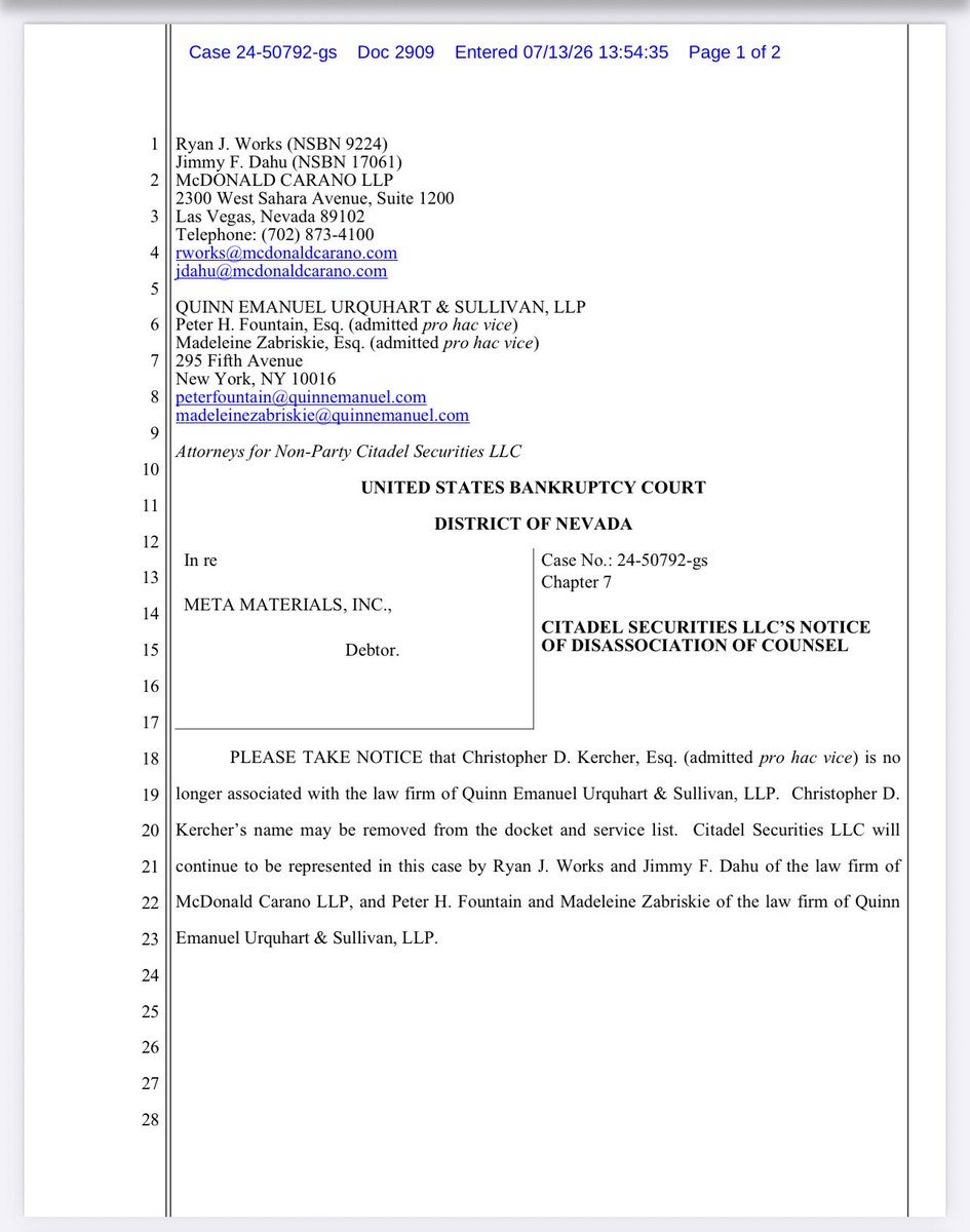kimkep4796's tweet photo. MMAT | July 13, 2026 | Doc. 2909

No significant filing. Citadel Securities filed a routine Notice of Disassociation of Counsel, advising the Court that one attorney has left Quinn Emanuel and should be removed from the service list. Citadel’s legal representation in the bankruptcy case otherwise remains unchanged. 

⚠️Not legal advice.
