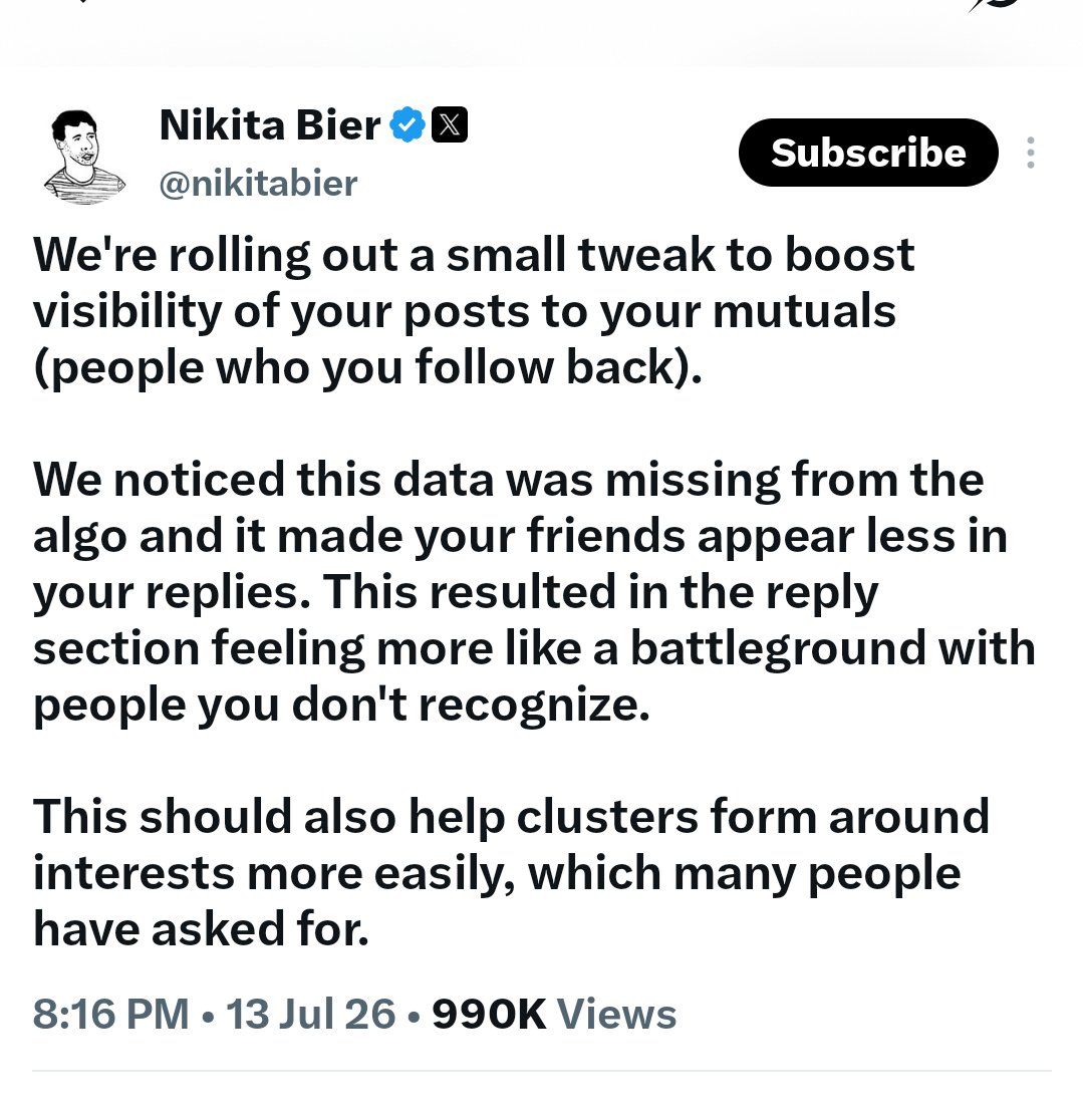 Emeritus0062731's tweet photo. NIKITA NEW UPDATE IN PIDGIN VERSION.
 
X don change small thing for their algorithm.
Before, when you post, people wey you and dem dey follow each other (mutuals) no dey show well for your reply section. Na why plenty strangers dey full your comments.
Now, X don fix am so your mutuals go dey appear more for your replies.
This one go make conversations feel more like gist with people you know instead of fighting with random people. E go also help people wey get the same interests connect with each other more easily.
Short version:

If you and person dey follow each other, X go show una posts and replies to each other more often. Less strangers, more mutuals.