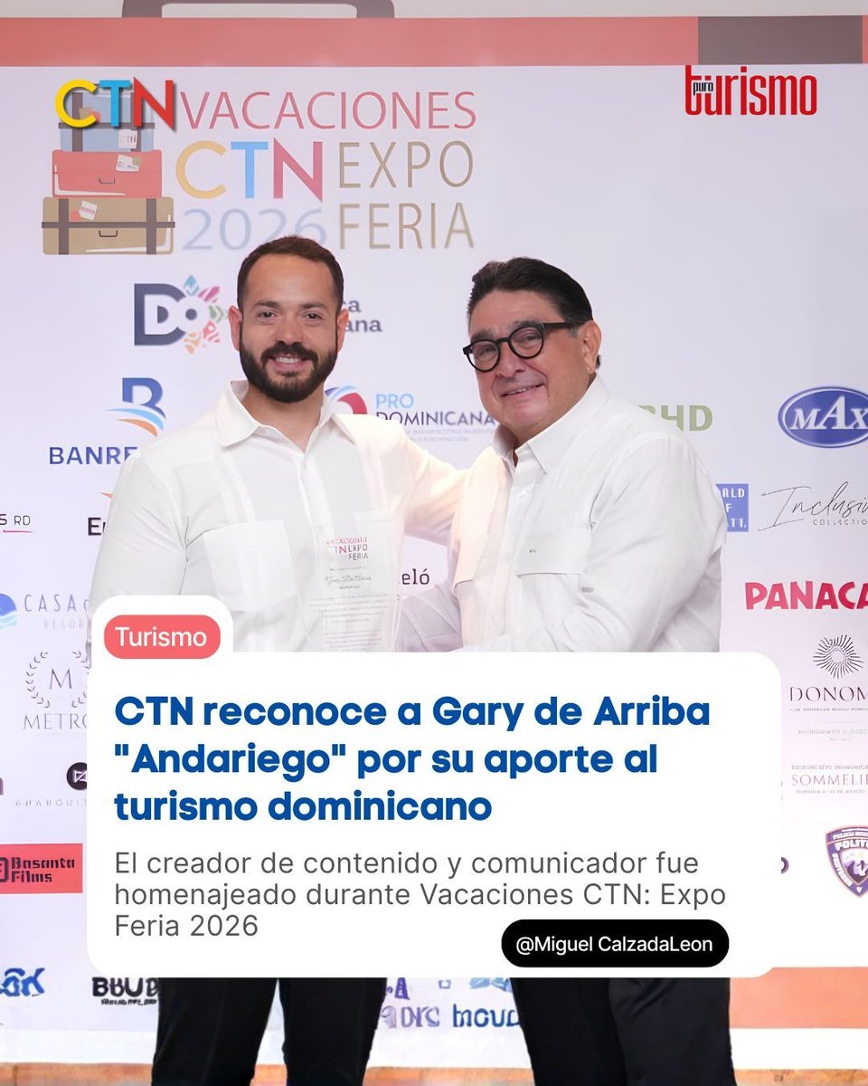 mcalzadaleon's tweet photo. Un reconocimiento a quien ha convertido cada recorrido en una invitación a descubrir la República Dominicana.

Durante la inauguración de la XXIV Versión de Vacaciones CTN: Expo Feria 2026, CTN entregó un reconocimiento especial a Gary de Arriba, conocido como "El Andariego", por su destacada labor como creador de contenido y embajador de los destinos turísticos del país.

A través de su trabajo, El Andariego ha inspirado a miles de personas a conocer la riqueza natural, cultural e histórica de la República Dominicana, contribuyendo al fortalecimiento y posicionamiento del turismo nacional.

Este reconocimiento destaca el impacto de quienes, desde la comunicación digital, promueven con pasión las bellezas del país y aportan al crecimiento de la principal industria de la economía dominicana.

🌎 Conoce más sobre este y otros reconocimientos de Vacaciones CTN: Expo Feria 2026 en nuestro portal web.

#CTN #VacacionesCTN2026 #ElAndariego #GaryDeArriba #TurismoRD #Reconocimiento #CreadoresDeContenido #RepúblicaDominicana