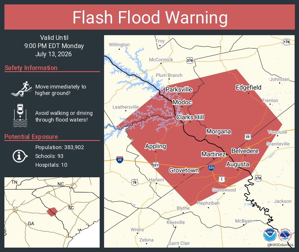 NWSColumbia's tweet photo. Flash Flood Warning continues for Martinez GA, Evans GA and  North Augusta SC until 9:00 PM EDT https://t.co/0xEzjYzUIY