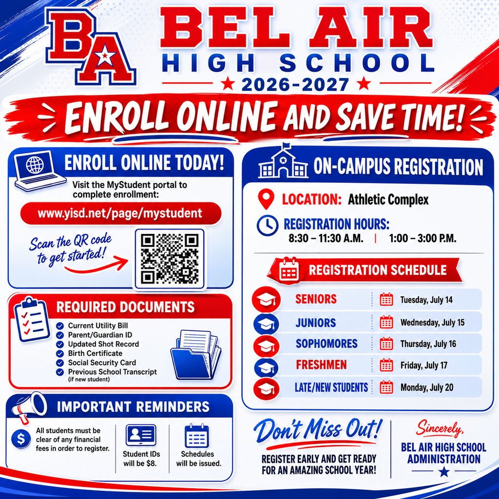 BelAirHigh's tweet photo. REMINDER!  On campus registration begins tomorrow, Tuesday.  *Please note the change in start and end times previously posted. https://t.co/jc3gxNqmjC
