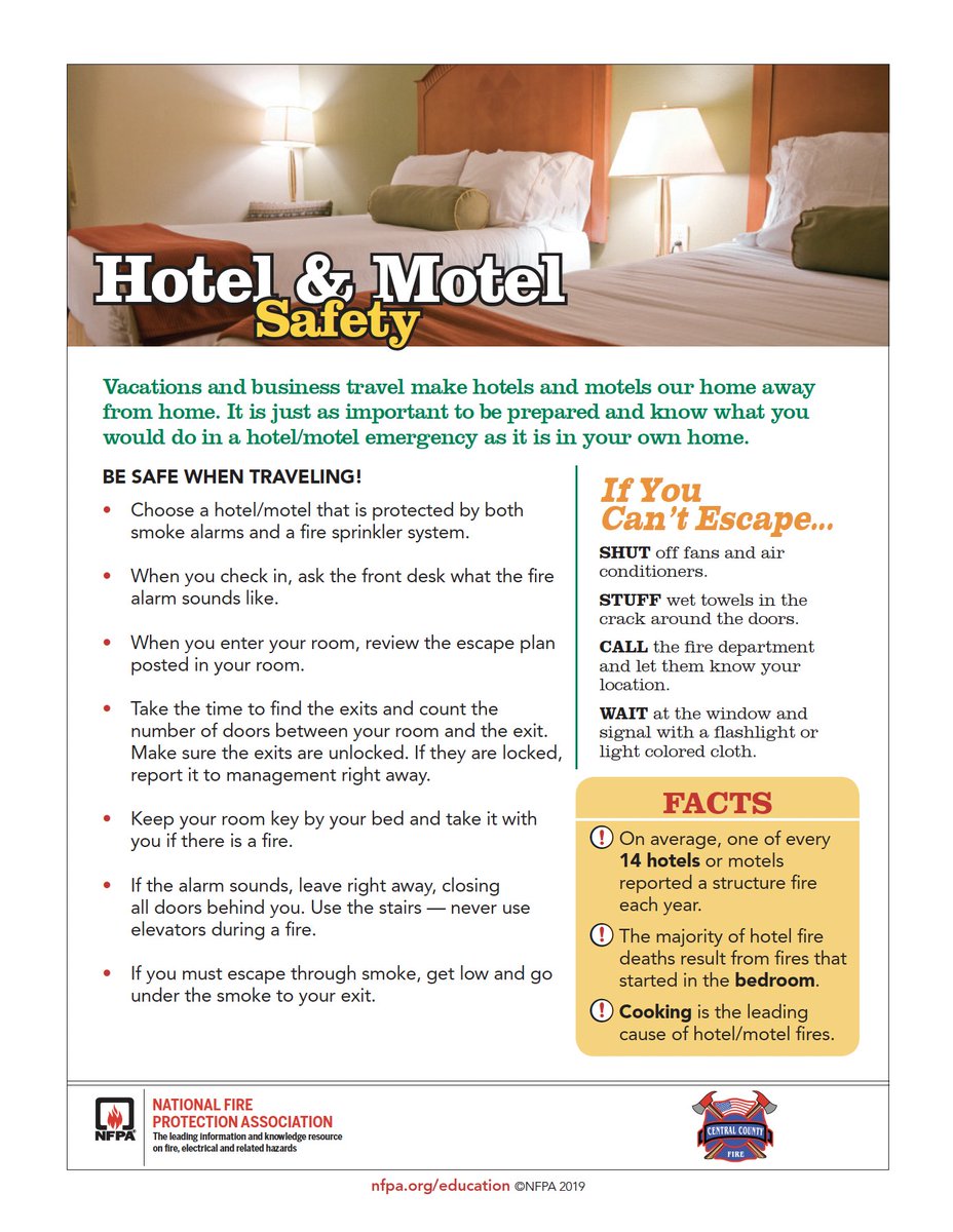 centralcountyfd's tweet photo. ♪ Hotel, motel, Holiday Inn...♫ Wherever you plan to stay while on vacation: ✅ Select a location with fire sprinklers &amp; smoke detectors ✅ Check the evacuation map to learn #twowaysout ✅ More #firesafety tips below from @NFPA #safenotsorry https://t.co/EvUHFWL5Oz