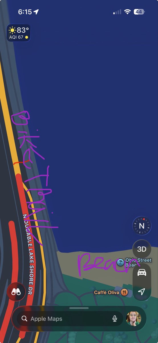TheManthanator's tweet photo. @KevHarlanEffect This is the sidewalk on one side of Lake Michigan there is a beach too. This is the bike trail on the side. Excuse my handwriting sideways on a phone. Bike trail is what this pic is of https://t.co/IUdEeyJayq