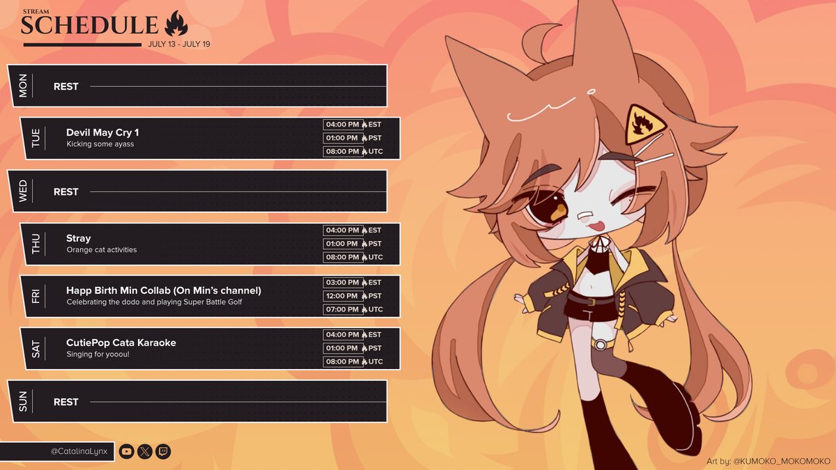 catahuh's tweet photo. ⚠🐱STREAM SCHEDULE⚠🐱
JULY 13th → JULY 19th

TUE: Devil May Cry 1
THU: Stray
FRI: Happ Birth Dodo Collab (On @/MinMortoDodo channel) - 3PM EST
SAT: CutiePop Karaoke

4PM EST https://t.co/RcUMCXQsm2