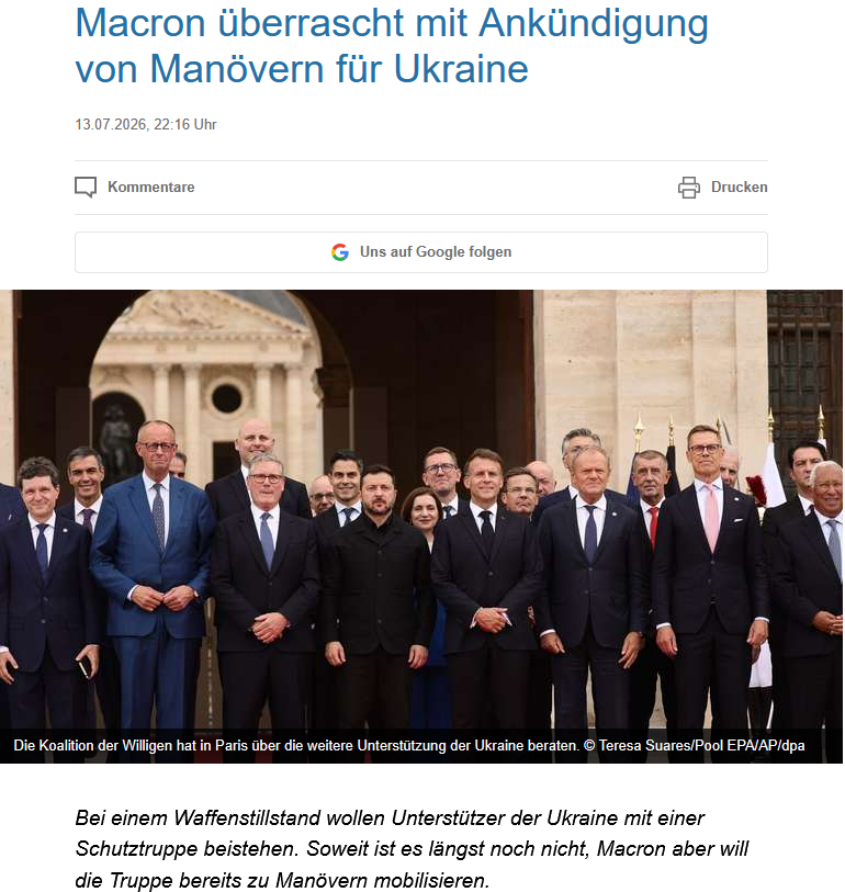 PeterBorbe's tweet photo. Macron verkündet Manöver der „Koalition der Willigen“ und prahlt mit Entschlossenheit "zu Land, in der Luft und zur See". Hört sich so an, als stünde man kurz davor, den Ukrainekrieg zum 3. Weltkrieg auszuweiten.
Wenn ich mir diese Visagen der "Willigen" so ansehe, ist das wirklich denkbar. Sie alle wollen diesen großen Krieg.
https://t.co/eBpdFchQCo
