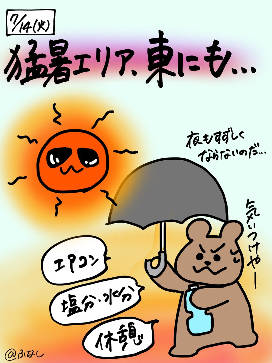 funashi_weather's tweet photo. 【7/14(火) #ふなしのお絵描き天気 】
東海や関東でも猛暑日続出。西～東日本はジリジリ日差しで気温がぐんぐん上がります☀️🥵
西日本では体温越えの危険な暑さになる所も。熱中症厳重警戒で過ごしてね🧸⚠️
こまめな水分・適度な塩分補給を！
北日本は雲が多く、日本海側中心に にわか雨がありそう☂️ https://t.co/kvWppriL3K