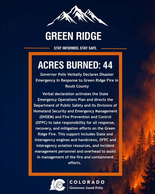 Green Ridge fire update showing 44 acres burned with Governor Polis declaring a disaster emergency in Routt County, Colorado.