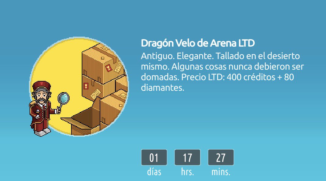 PixelStudioHB's tweet photo. LTD Dragón Velo de Arena ✨
📜 "Antiguo. Elegante. Tallado en el desierto mismo. Algunas cosas nunca debieron ser domadas."
💰 Precio: 400c + 80 💎
📅 Campaña: Verano 

¡Unidades limitadas! 👇
#Habbo #HabboLTD #HabboEs https://t.co/4vHuTb283X