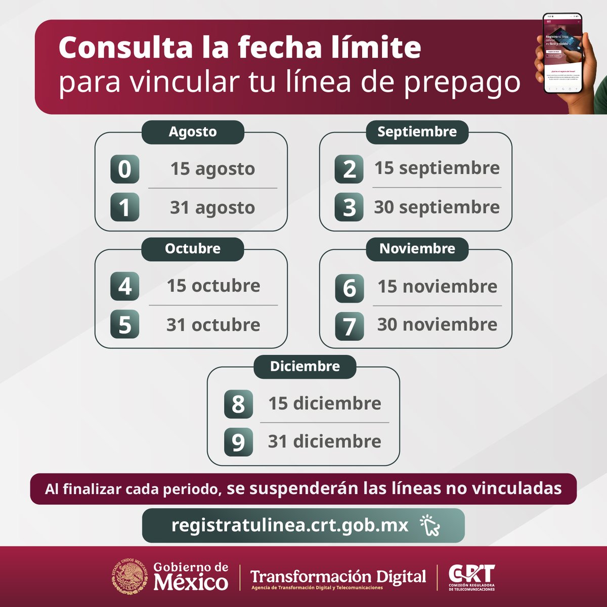 CONSAR_mx's tweet photo. 📲 ¡Vincula tu línea prepago antes de la fecha límite!
Consulta el calendario según la terminación de tu número y evita la suspensión de tu servicio.
Ingresa a: https://t.co/tIxtpvooxy

#TransformaciónDigital #CRT https://t.co/L08veQe8wb
