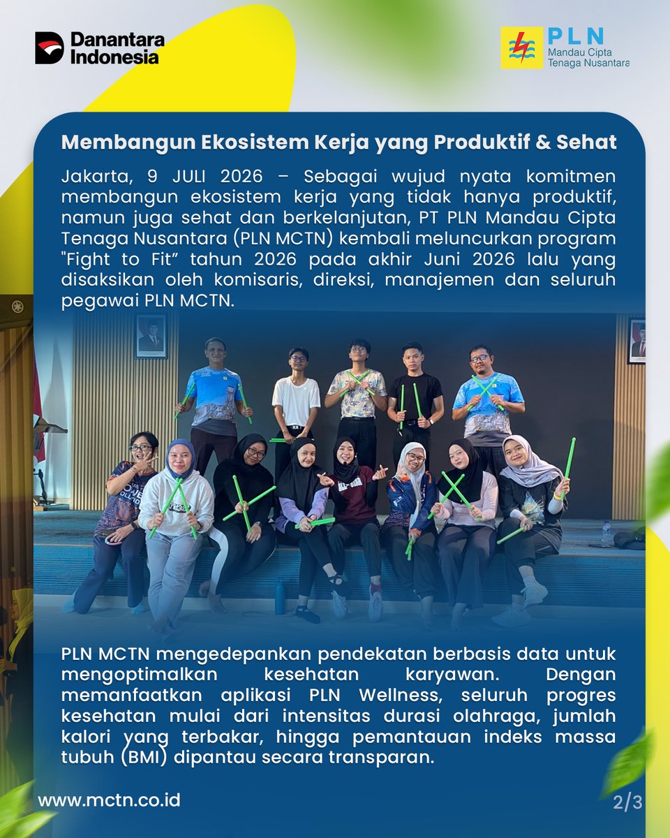 PLN_MCTN's tweet photo. Luncurkan Program “ Fight to Fit ”, PLN MCTN Perkuat Budaya Hidup Sehat untuk Tingkatkan Produktivitas Pegawai.

#PLN #PLNMCTN #PLNUntukIndonesia #PLNTransformationTowardGreen #AcceleratingRenewableEnergy #prestasipln https://t.co/PNu9pZdjOu