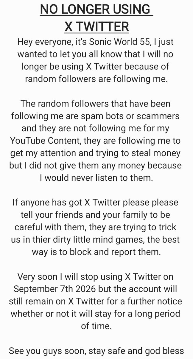 SonicWorld551's tweet photo. ⚠️ (VERY IMPORTANT NEWS) ⚠️
I Will No Longer Be Using X Twitter, this will concern all my X Twitter Followers.

(Please Read It Carefully) https://t.co/Z8uf5PQkWw
