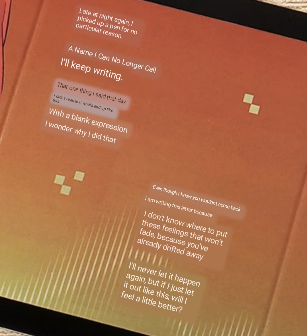 dreamisinn's tweet photo. I just made a ""connection"" while listening to Witch. Mizi says “there are no excuses” referring to her guilt over Sua’s death

In ZOMST song, she explains that she can’t bring herself to apologize so she keeps writing a letter

In every universe, apologies will never reach Sua https://t.co/4D3oTwge0t