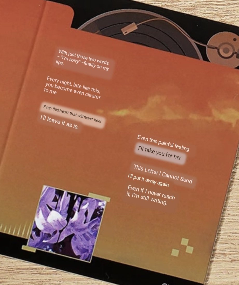 dreamisinn's tweet photo. I just made a ""connection"" while listening to Witch. Mizi says “there are no excuses” referring to her guilt over Sua’s death

In ZOMST song, she explains that she can’t bring herself to apologize so she keeps writing a letter

In every universe, apologies will never reach Sua https://t.co/4D3oTwge0t