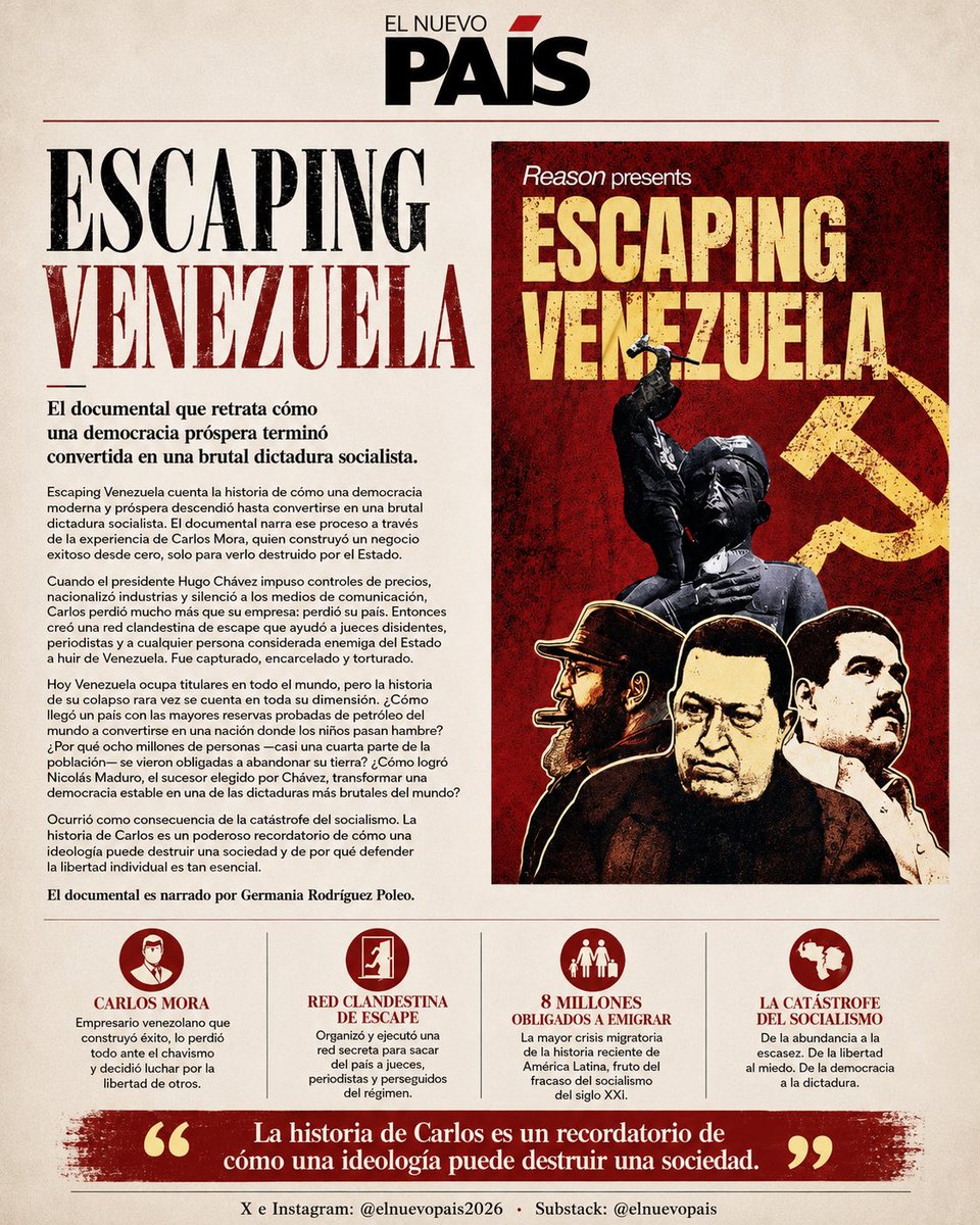 ElNuevoPais2026's tweet photo. Escaping Venezuela cuenta la historia de cómo una democracia moderna y próspera descendió hasta convertirse en una brutal dictadura socialista. El documental narra ese proceso a través de la experiencia de Carlos Mora, quien construyó un negocio exitoso desde cero, solo para verlo destruido por el Estado.

Cuando el presidente Hugo Chávez impuso controles de precios, nacionalizó industrias y silenció a los medios de comunicación, Carlos perdió mucho más que su empresa: perdió su país. Entonces creó una red clandestina de escape que ayudó a jueces disidentes, periodistas y a cualquier persona considerada enemiga del Estado a huir de Venezuela. Fue capturado, encarcelado y torturado.

Hoy Venezuela ocupa titulares en todo el mundo, pero la historia de su colapso rara vez se cuenta en toda su dimensión. ¿Cómo llegó un país con las mayores reservas probadas de petróleo del mundo a convertirse en una nación donde los niños pasan hambre? ¿Por qué ocho millones de personas —casi una cuarta parte de la población— se vieron obligadas a abandonar su tierra? ¿Cómo logró Nicolás Maduro, el sucesor elegido por Chávez, transformar una democracia estable en una de las dictaduras más brutales del mundo?

Ocurrió como consecuencia de la catástrofe del socialismo. La historia de Carlos es un poderoso recordatorio de cómo una ideología puede destruir una sociedad y de por qué defender la libertad individual es tan esencial.

El documental es narrado por @iamgermania.