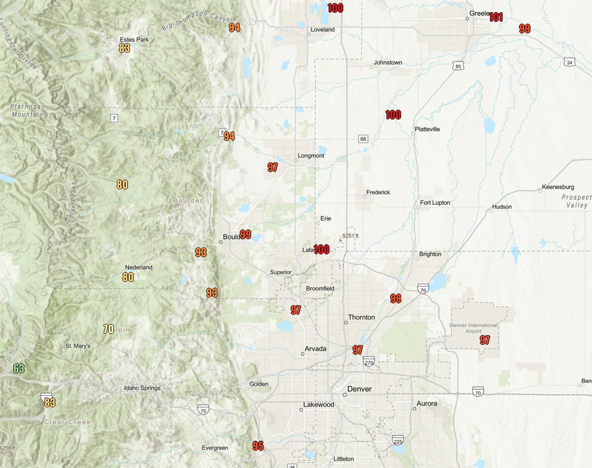 BoulderCAST's tweet photo. MONDAY 5:30PM: Current temps are the warmest of the day so far in most cases 🥵

101° Greeley Airport
100° Loveland-FoCo Airport
100° Erie Airport
99° Boulder Airport
97° DIA
97° Broomfield Airport
97° Longmont Airport

#COwx #HotMonday https://t.co/w12oZ4vlty