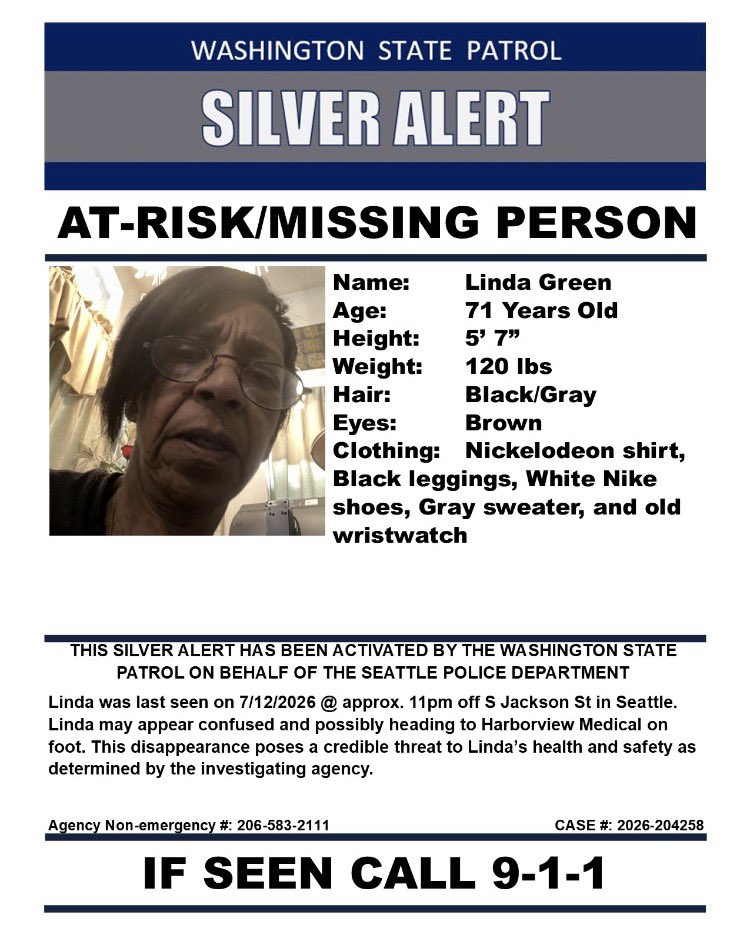 SeattlePD's tweet photo. MISSING Silver Alert: Linda 71y/o, Female, 5’7”, 120lbs, black/gray hair &amp; brown eyes. Last seen wearing Nickelodeon shirt, gray sweater, black leggings &amp; white Nike. Last seen 7/12 at 11:00pm by S Jackson St. Has medical issues. If seen please call 911. 2026-204258 https://t.co/7TadEQhOdL