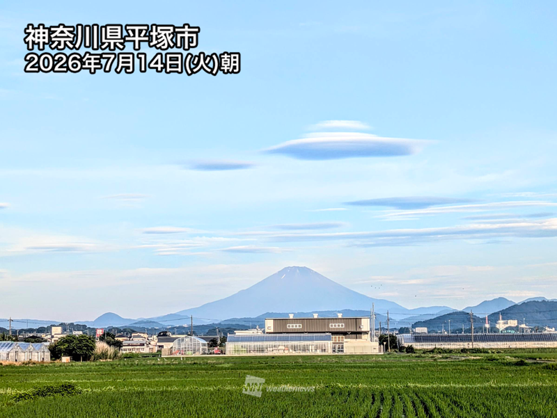 wni_jp's tweet photo. ＜まるでUFOの群れ！？＞
今日14日(火)の朝は関東周辺の上空に「レンズ雲」と呼ばれる雲が発生していました。UFOのようにも見える不思議な形の雲で、各地のウェザーニュースアプリの利用者からリポートが届いています。
https://t.co/lSfAyEvOcV https://t.co/4SQ8Hpk11p
