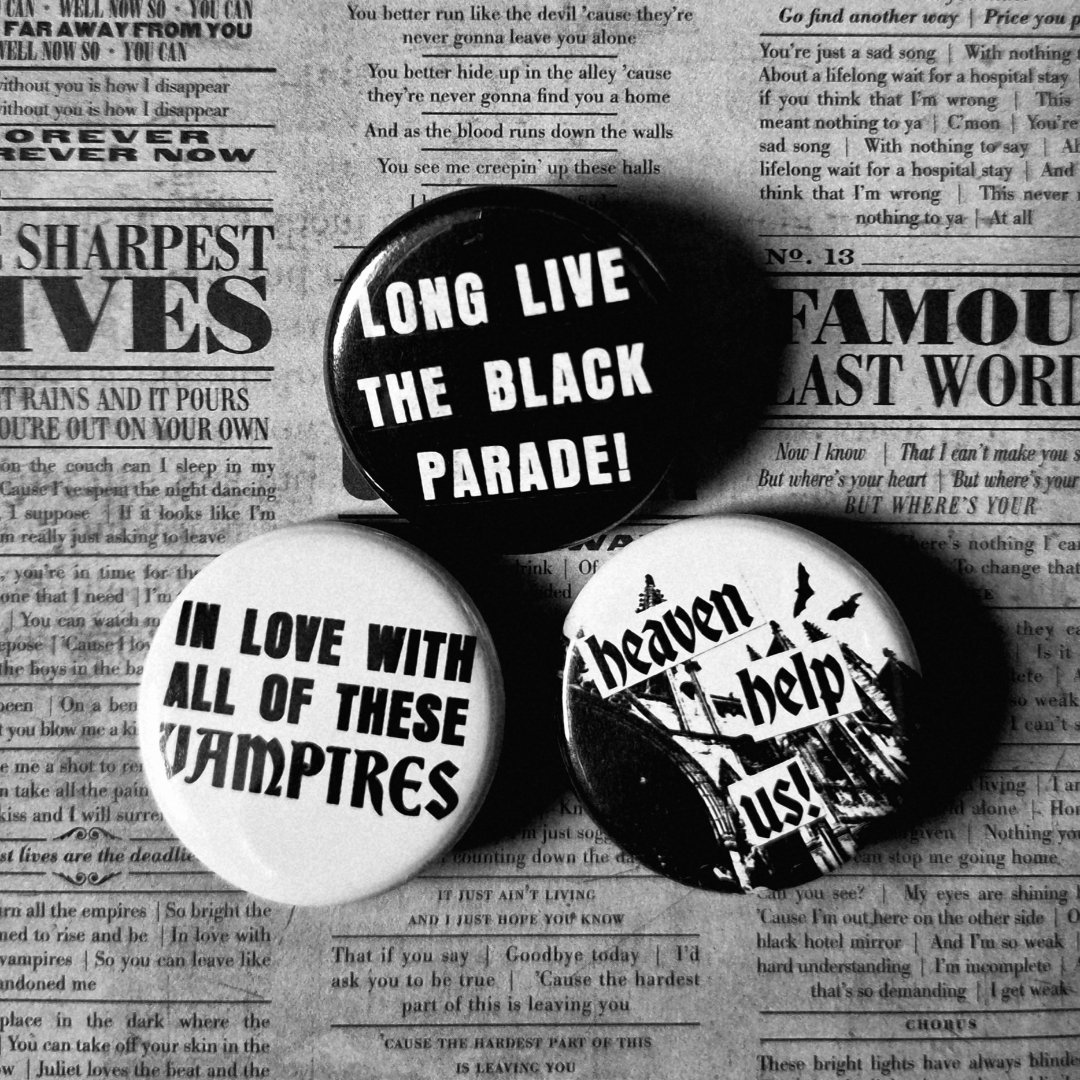 CEMETERYSWlFT's tweet photo. HEAVEN HELP US ! 

TBP badges available now 🖤

def did not forget to post this on here amidst my mcr show frenzy. anyways u can get them here:

🔗 https://t.co/qajzLTwsQn https://t.co/jf9m9vFQt8