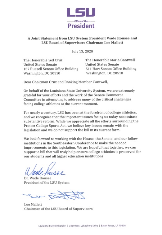 walexander's tweet photo. LSU officials sent a letter to lawmakers today opposing the Protect College Sports Act in its current form. 

https://t.co/vKA15Awn4S https://t.co/cOQCw2di8D