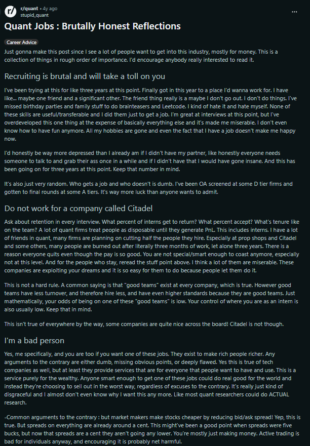 gemchange_ltd's tweet photo. A guy finally landed the quant job he chased for 3 years.

Then he went online and torched the entire industry.

He calls himself a bad person. Says you are too if you want the job.

And he doesn't hold back on a single thing:
- "They exist to make rich people richer" his words

- He dismantles every excuse quants tell themselves to sleep at night

- Says people burn out in months and firms treat them as disposable

- Warns that half of new hires are already planned to be cut

- Names one firm specifically and says: do not work there