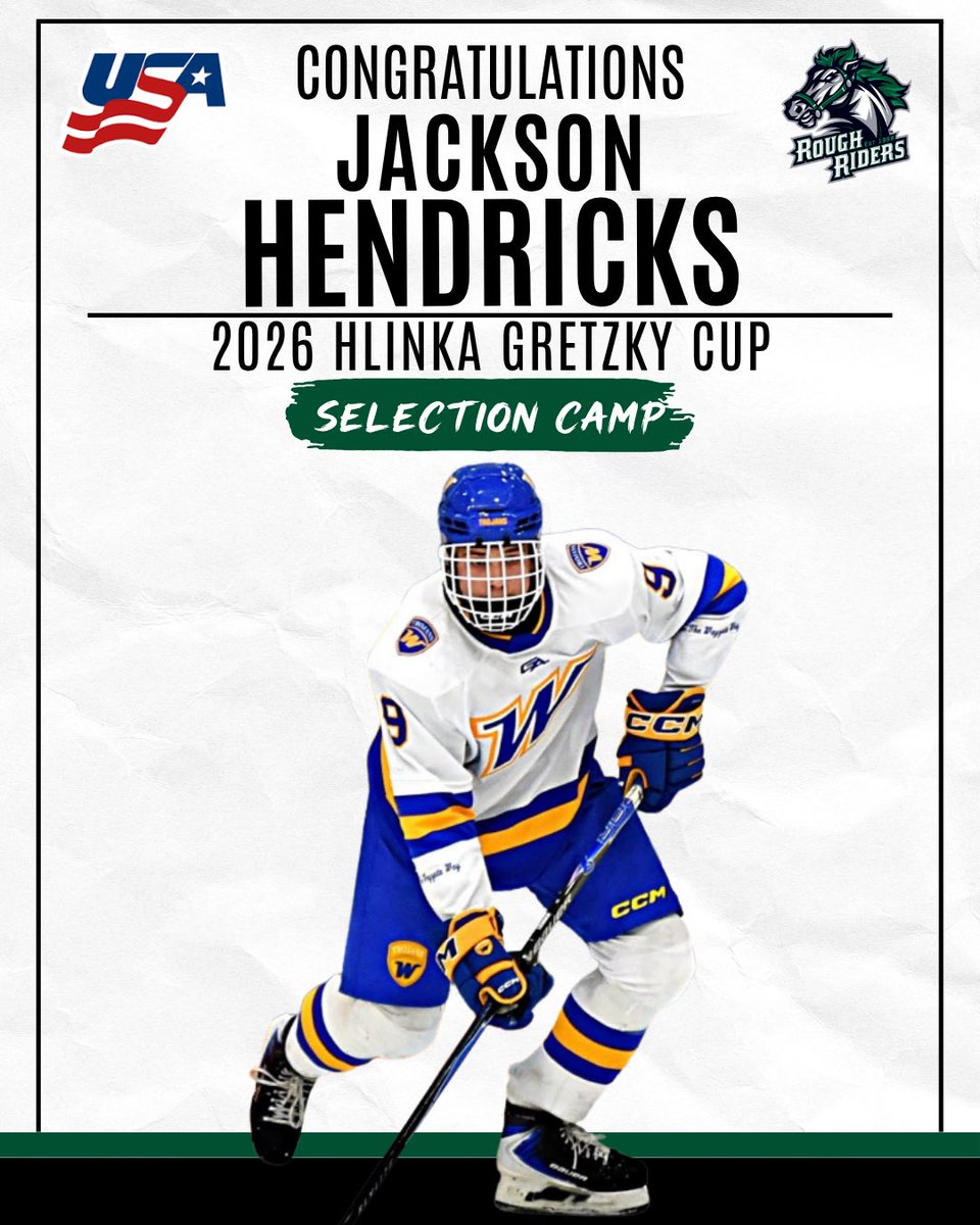 RidertownUSA's tweet photo. Congrats to Riders forward Jackson Hendricks on earning an invitation to the 2026 Hlinka Gretzky Cup Selection Camp!

He is aiming to earn a spot on the final 23-player U.S. Under-18 Select Team that will compete at the Hlinka Gretzky Cup in Edmonton, Alberta, from Aug. 3–8. https://t.co/66ylwtBUfi
