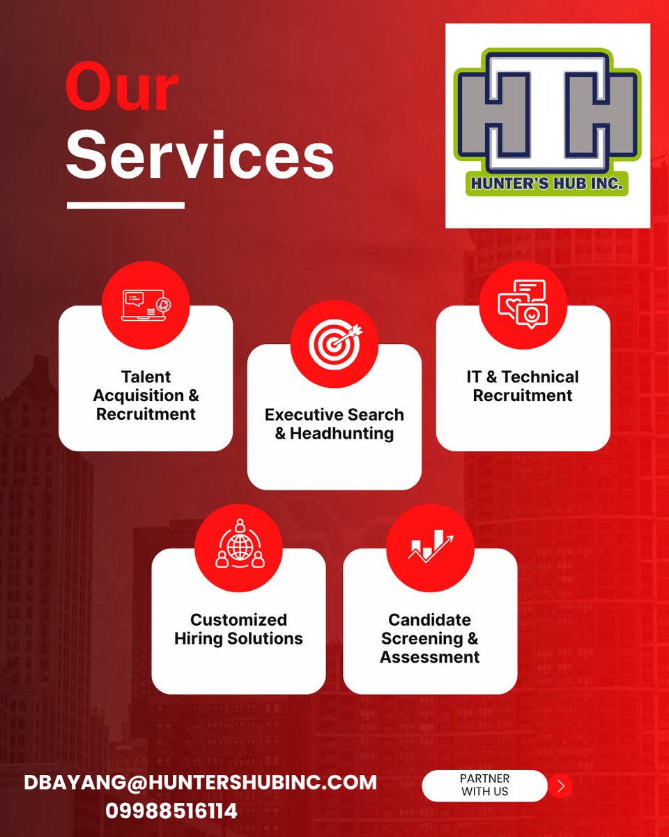 HuntersHubbInc's tweet photo. Your Trusted Recruitment Partner for Business Growth. 🚀

At Hunter’s Hub Inc., we connect companies with top talent through expert recruitment and headhunting solutions. From talent acquisition and executive search to IT recruitment, candidate screening, and customized hiring. https://t.co/kC2tbLSuQn