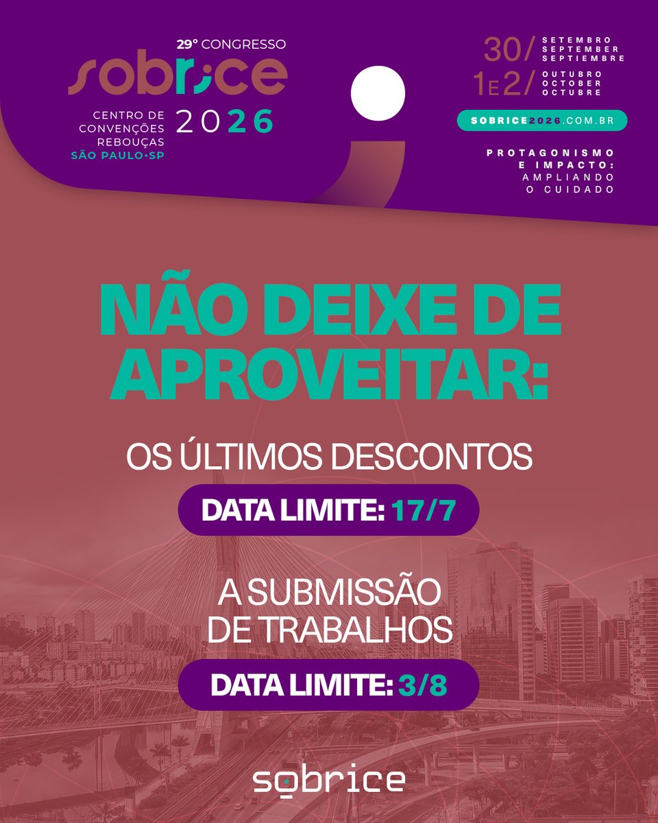 sobrice's tweet photo. 🚨 FALTAM POUCOS DIAS! O lote promocional do Congresso #SOBRICE2026 está prestes a virar.

Garanta sua inscrição antecipada com descontos e condições especiais enquanto ainda há tempo.

⏳ Acesse o site oficial: https://t.co/HmES1IBHce

#sobrice #sobrice2026 https://t.co/HOZOPWQuh2