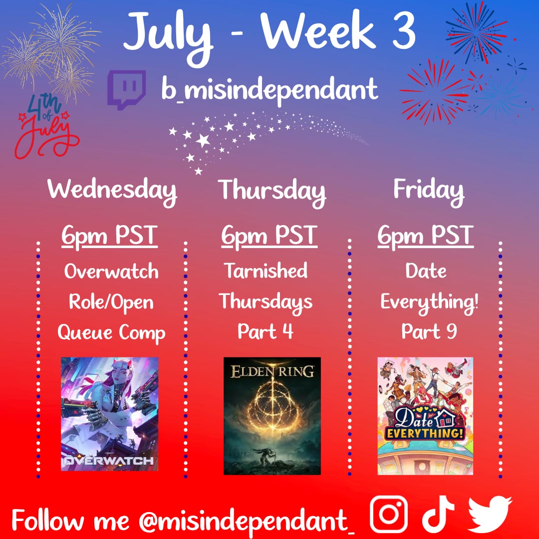 misindependant_'s tweet photo. ❗️Weekly schedule is up❗️
Excited for this week of streams! Plus, there may be an extra stream this weekend & for another as well 👀 Announcements to come! See ya real soon! 💜☺️
#twitch #streamer #overwatch #dateverything #eldenring https://t.co/4YarS8SG7N