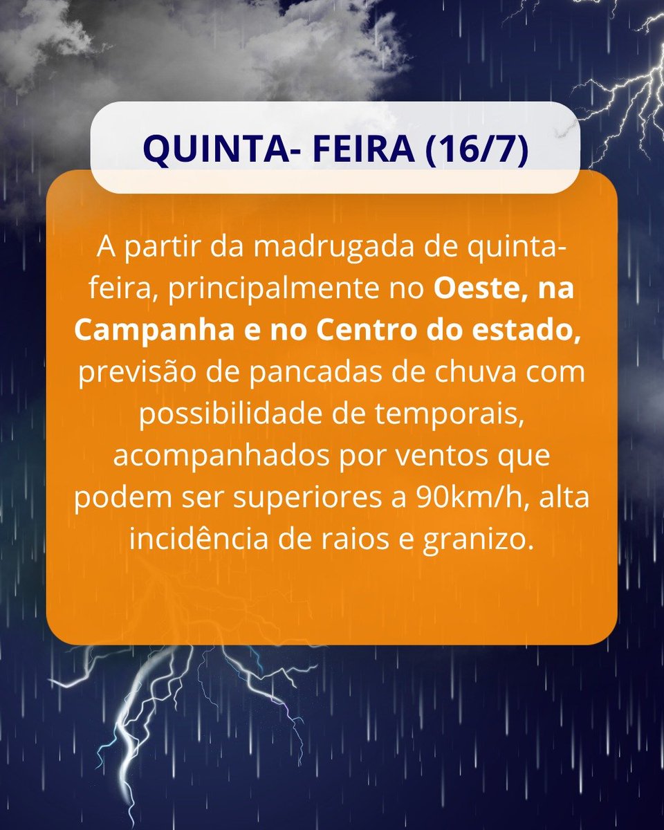 DefesaCivilRS's tweet photo. A partir da próxima quinta-feira (16/7), o estado do Rio Grande do Sul deve enfrentar uma sequência prolongada de condições adversas no tempo, com vários dias seguidos marcados por risco de temporais, chuva intensa, ventos fortes, granizo e descargas elétricas. https://t.co/2dHl3i5mac