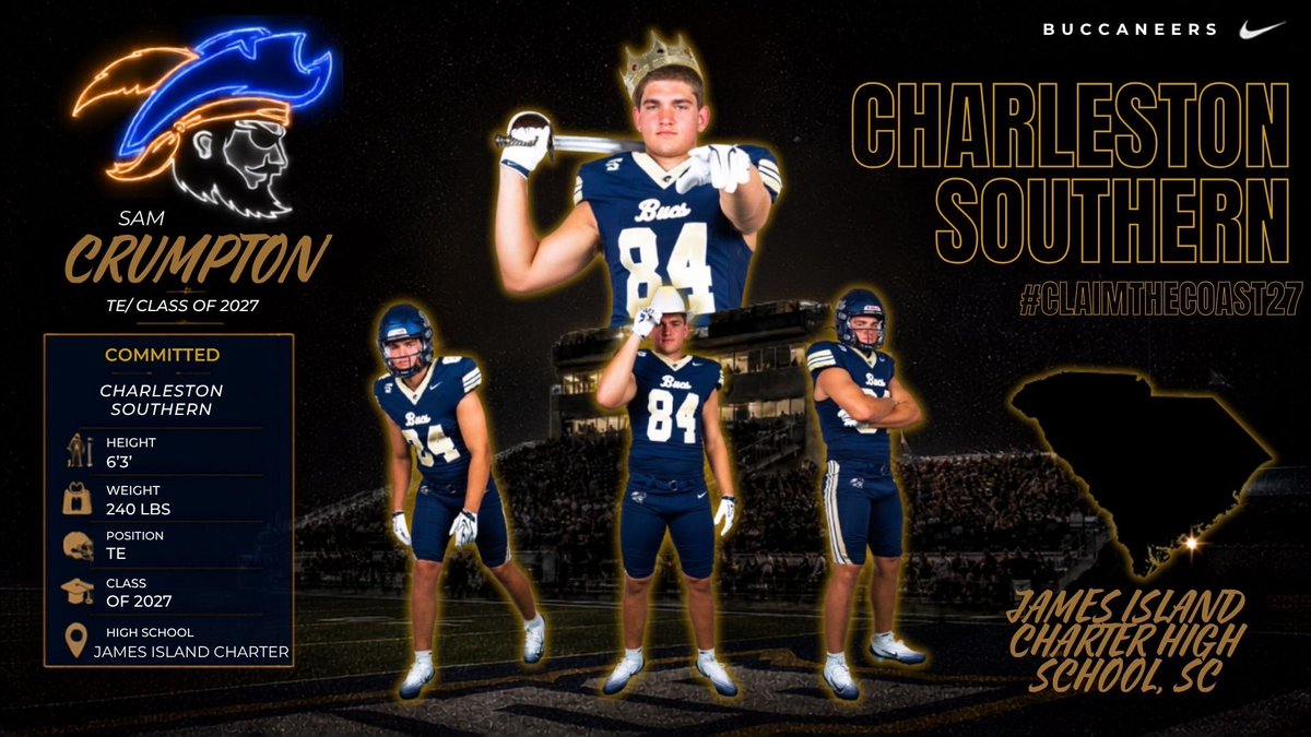 SamCrumpton84's tweet photo. I’m extremely excited to announce my commitment to Charleston Southern University!!! @GabeGiardina @CWilliams8076 @Caderowland1 @CoachJMcKoy @JMacWR1 @PrepRedzoneSC #BucStrong https://t.co/utlnh8xFnE