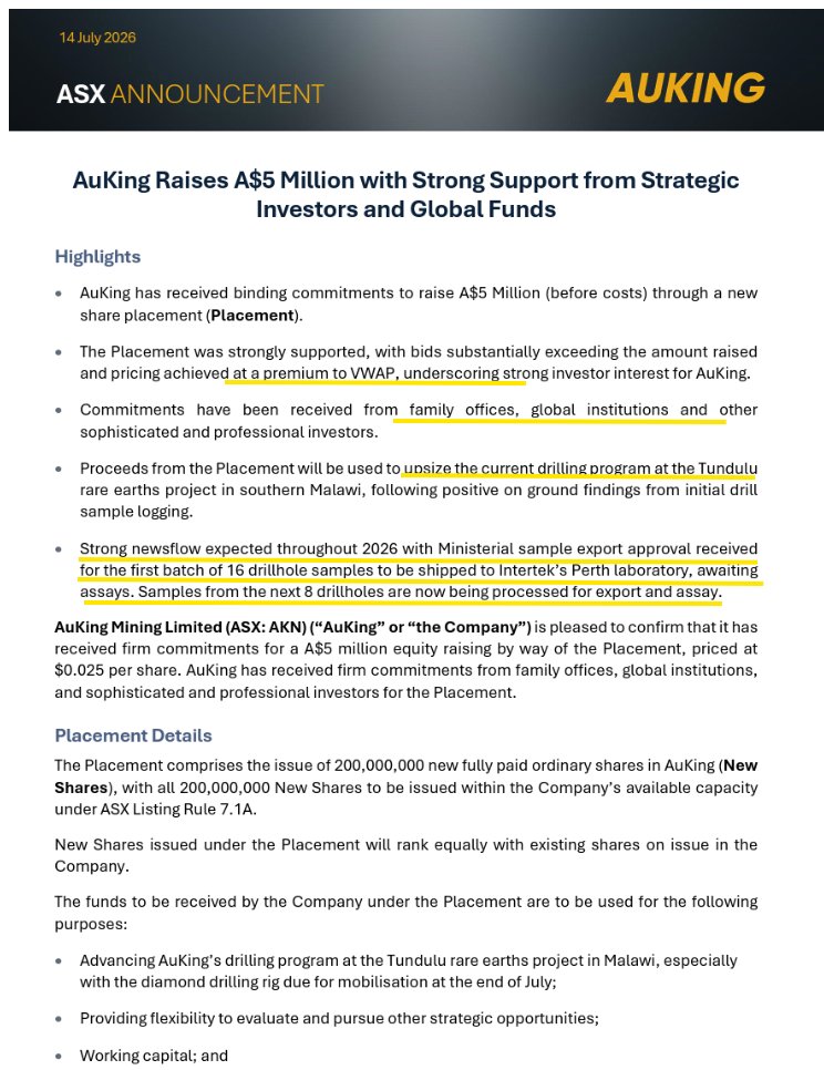 ASXVALUEHUNTER's tweet photo. $AKN just secured A$5m with strong support from strategic investors and global funds.

Fresh funding now goes straight into upsizing Tundulu drilling, with samples moving to Intertek, assays close, diamond drilling coming and 20 of 21 holes already hitting carbonatite.

Tundulu has historical high grade TREO, a huge carbonatite footprint and real $LIN Lindian 2.0 potential if assays confirm scale.

Funding risk cleared, drill program accelerating, major catalyst window opening.

$AKN looks seriously undervalued here IMO.