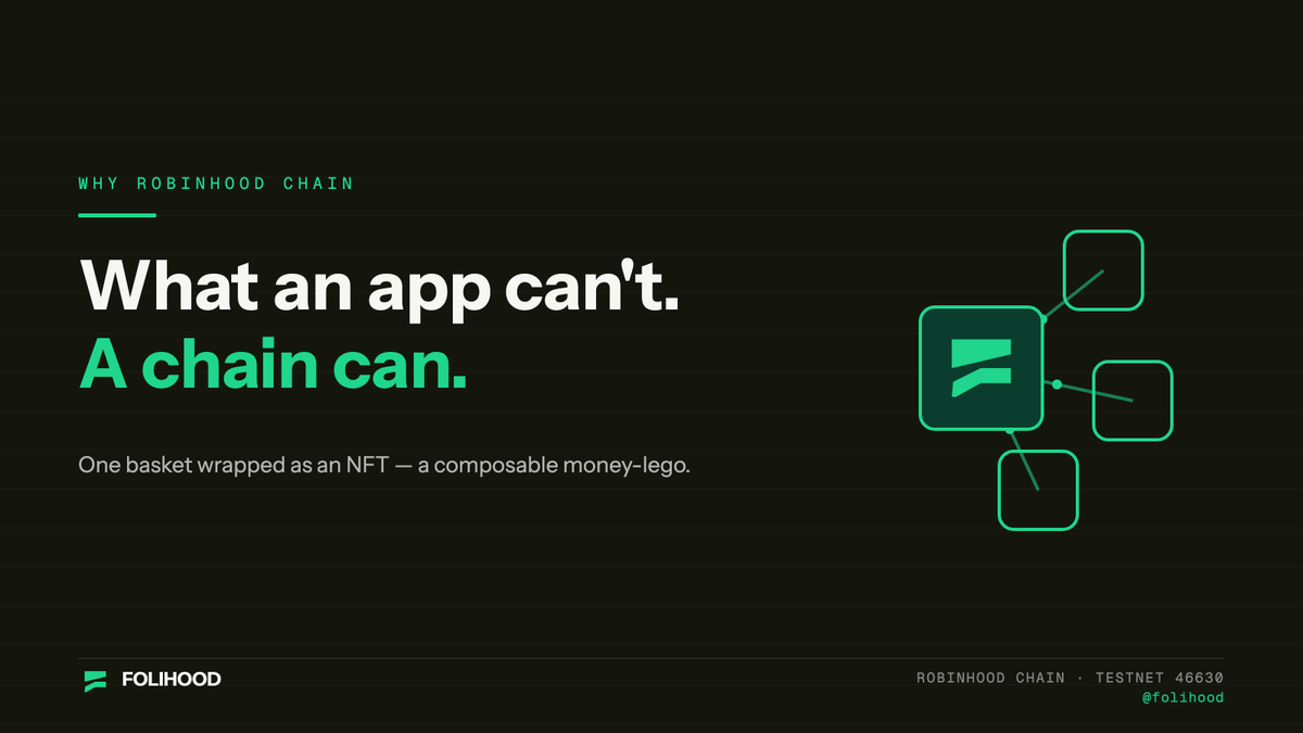 Folihood's tweet photo. There are things a brokerage app can never do:

· Wrap a whole portfolio in one NFT (ERC-6551)
· Let anyone copy your strategy with onchain profit-split
· Turn your basket into a composable money-lego

That's why we're onchain — and on the @RobinhoodCrypto built for stocks. https://t.co/tRmu3h6bvf