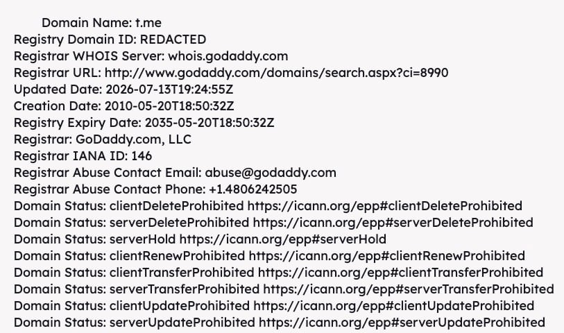 DomainNameWire's tweet photo. Telegram's https://t.co/bOf6FFQO4c domain suspended, leading to outages -  https://t.co/UHA6gDAytF https://t.co/2SJWsHjh4L