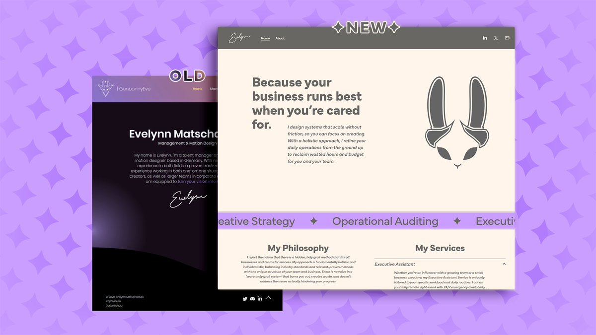 GunbunnyEve's tweet photo. ✨New Website Alert!!✨

I recently fully overhauled my branding, and with it, my website! I think it's a significantly better representation of who I am and what I do these days.

A big part of this was also my updated logo, which I am super happy with! 

▼ Link below ▼ https://t.co/qjZNxja7bi
