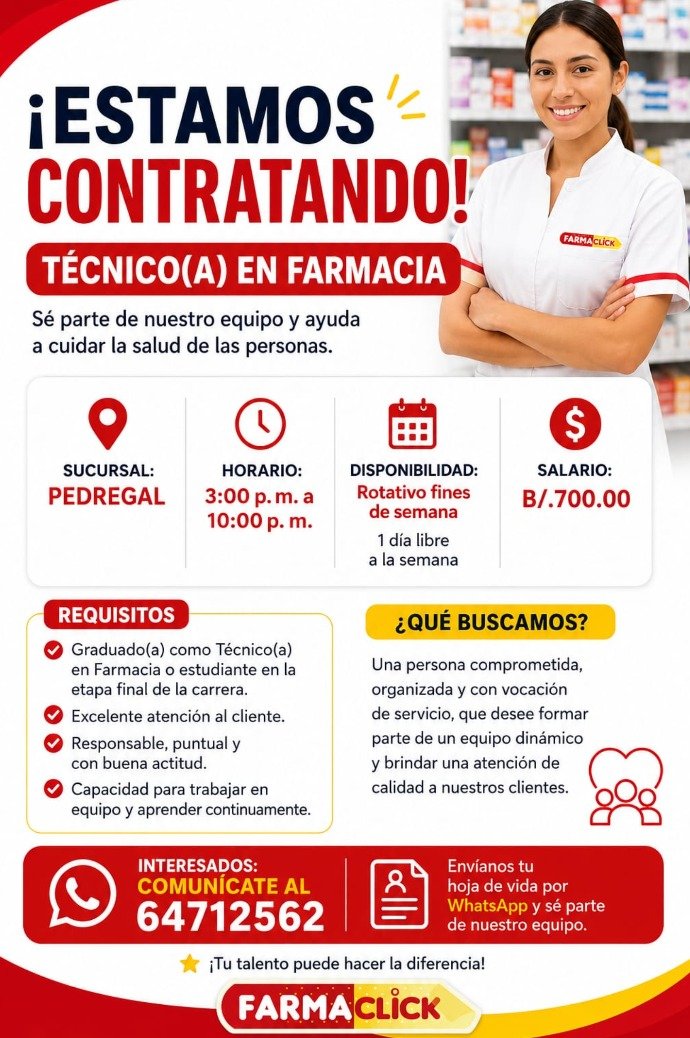 dalethmarlyn's tweet photo. @MartinTorrijos ¡Nueva oportunidad laboral!
¿Eres Técnico(a) en Farmacia o estás en la etapa final de la carrera? Esta puede ser tu oportunidad para formar parte de un gran equipo. 
Sucursal Pedregal
 Salario: B/.700.00
 Envía tu hoja de vida por WhatsApp al 6471-2562 y postúlate hoy. https://t.co/Nr3wPiR7xt