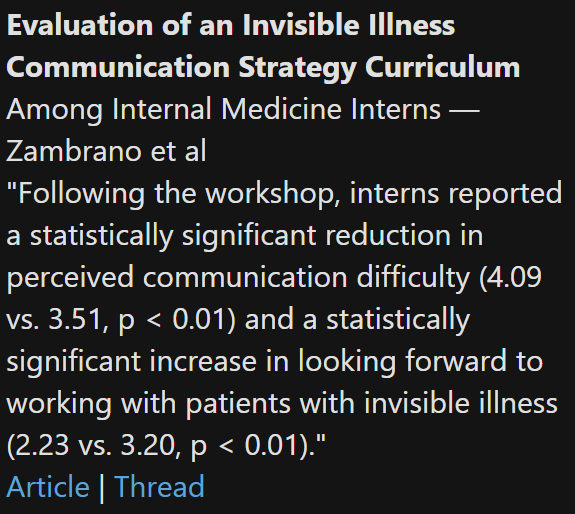 TomKindlon's tweet photo. Evaluation of an Invisible Illness Communication Strategy Curriculum Among Internal Medicine Interns

https://t.co/N54yFtXMJd

Screenshot from latest Science for ME weekly update

#hiddenillness #invisibleillness https://t.co/zYAxLKAuKr