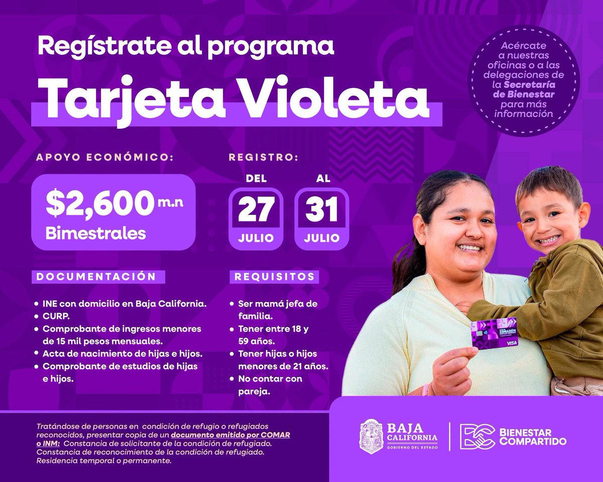 MarinadelPilar's tweet photo. ¡Madres autónomas, ya esta por abrir el registro de Tarjeta Violeta!

A partir del 27 hasta el 31 de julio abre la convocatoria, así que consulta los requisitos y prepara tus documentos para acceder a este apoyo que fortalece a las jefas de familia, ayuda a concluir sus estudios y su economía familiar, como parte del Bienestar Compartido.🙋🏻‍♀️

📍Las interesadas podrán consultar más información en los canales oficiales de la Secretaría de Bienestar, https://t.co/PJ7s5KFOOM