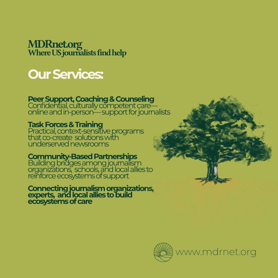 mdrnetorg's tweet photo. Connecting journalism organizations, experts, and local allies to build ecosystems of care.

If you are a journalist, editor or ally and want to get help, message us via Signal at +973-626-7394  (@GetHelp.11)  or email us at hello@mdrnet.org https://t.co/Px92SfLCBW