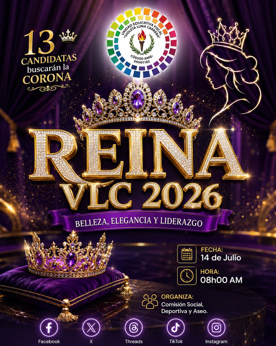 Noti_Violeta's tweet photo. 👑✨ REINA VLC 2026 ✨👑

La elegancia, el talento y el liderazgo se unen en una noche llena de brillo y emoción 💫
🌟 13 candidatas darán lo mejor de sí para alcanzar la tan anhelada corona 👑

📅 Fecha: 14 de julio
⏰ Hora: 08h00 AM
🎉 Organiza:  SoDeA 💜💃✨ https://t.co/tHko4aQzBX