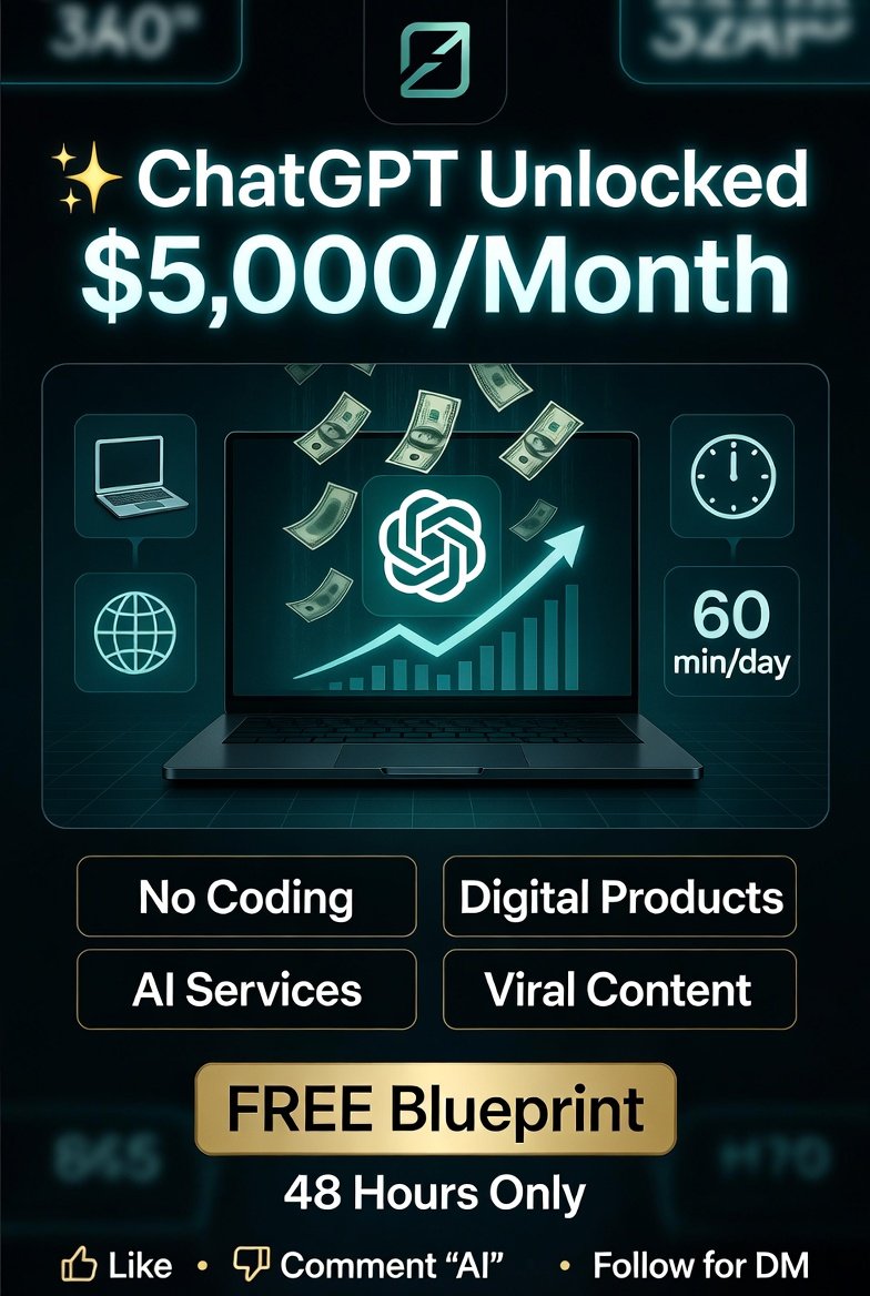 NadzuAI's tweet photo. 🚨 ChatGPT just unlocked a $5,000/month opportunity.

All you need is:

💻 A laptop
🌐 Internet connection
⏰ 60 minutes a day

That's enough to start building an AI-powered income stream.

No coding.
No expensive setup.
No years of experience.

Most people still use ChatGPT for fun...

But smart creators are using it to:

• Launch digital products
• Sell AI services
• Create viral content
• Automate businesses
• Generate recurring revenue

Usually, I sell this complete blueprint for $99...

But today you can get it FREE. 🎁

Inside you'll discover:

✅ The exact business model
✅ My full workflow
✅ The prompts I use daily
✅ How to get your first clients
✅ How to scale to $10K/month
✅ Beginner-friendly setup

Want it?

👉 Subscribe 
🔁 Repost this post
💬 Comment "AI"
➕ Follow me to receive it in DM

⏳ Available FREE for 48 hours only.