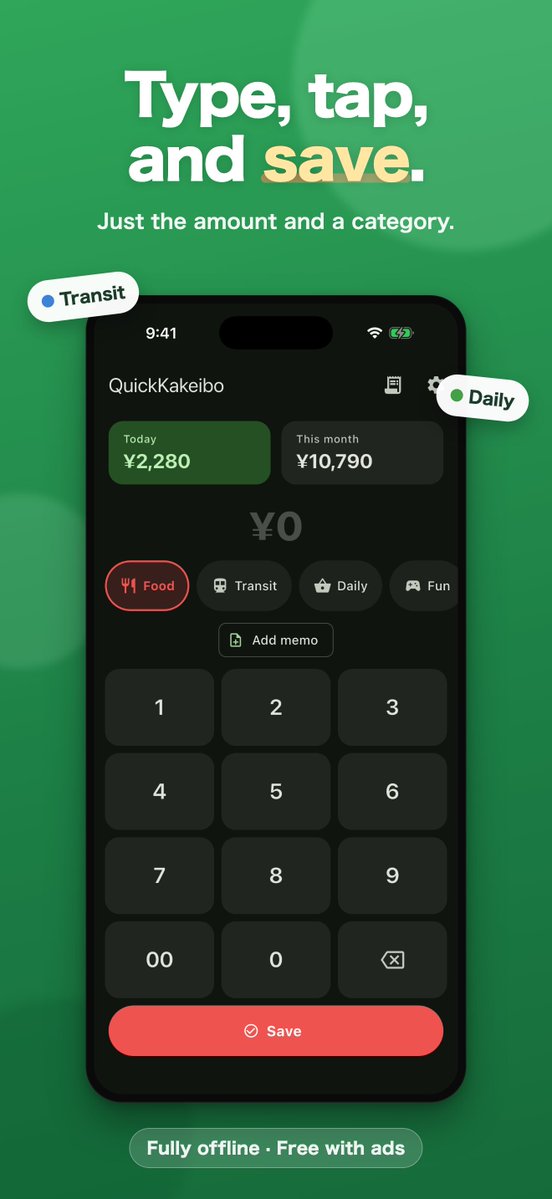 YukiTech777's tweet photo. Type the amount, tap a category, done. That's the whole app — just shipped an update📱

I redesigned the App Store screenshots so you can tell what it does at a glance. I also fixed some bugs

No bank sync, no login — no setup hassle, just open it and start logging

I'd love to hear what you think — a quick review would mean a lot!

#IndieDev #iOSDev #MobileApp #BuildInPublic #AICoding #Budgeting #ExpenseTracker #Savings
